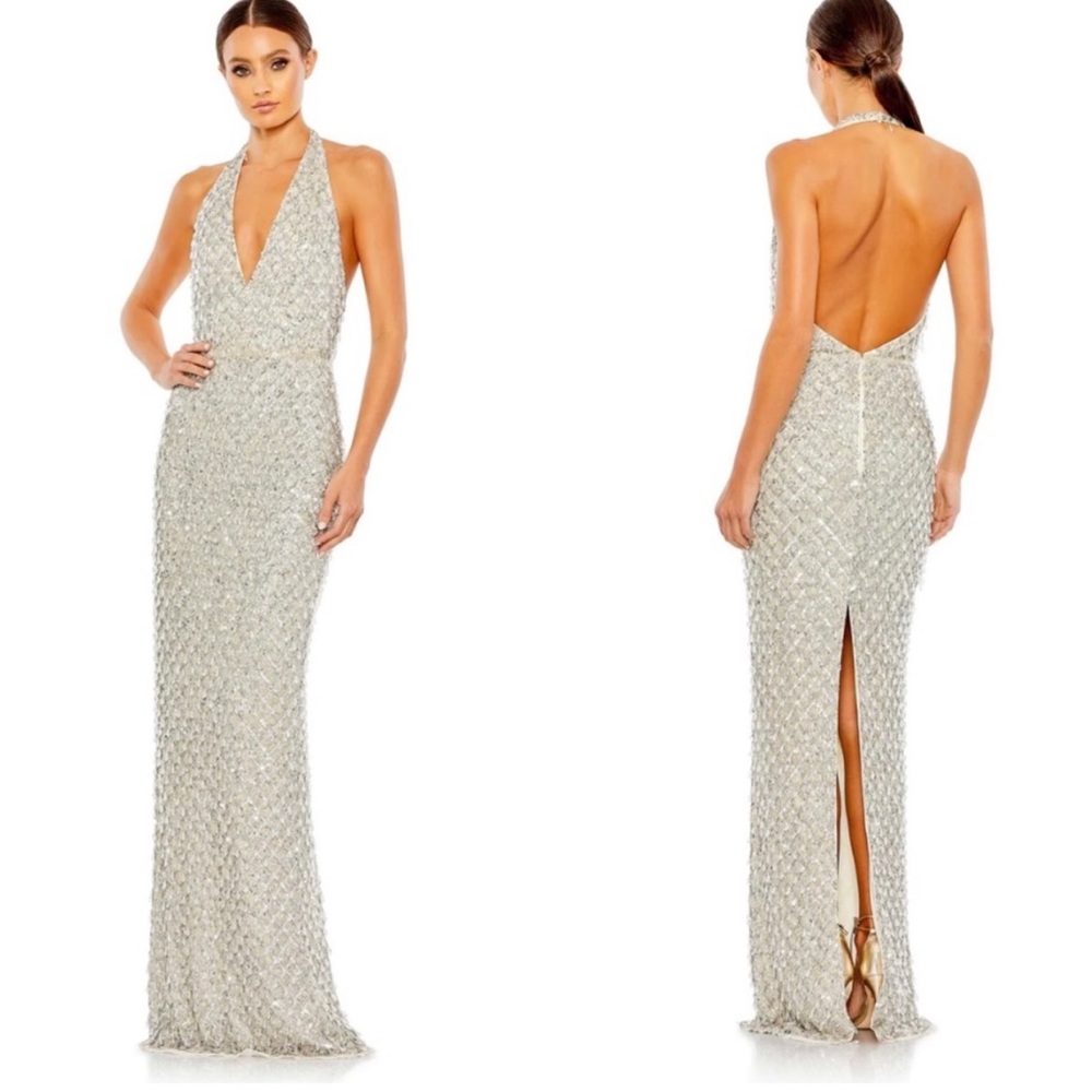 NWT Mac Duggal sequin crystal fringe halter gown 5678